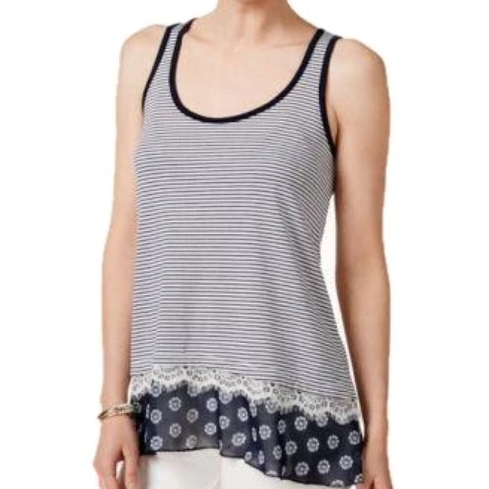 Maison Jules NWT Blue White Striped Lace Hem Nautical Mixed Media Tank Top Sz S